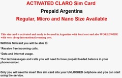 CLARO Argentina Prepaid Simcard – Regular, Micro and Nano Size Available