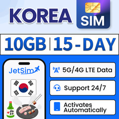 Korea SIM Card – 10GB High-Speed, 15 Day JetSim/Travel SIM