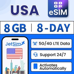 JetSim USA eSIM (8 Days) 8GB High-Speed Data on T-Mobile, & Verizon