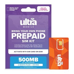 $13/mo. Ultra Mobile Prepaid Phone Plan with Unlimited Talk, Text, & 500MB of 5G