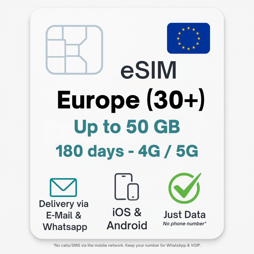 Europe eSIM (+30 countries) up to 50 GB Data Plan Digital e SIM -by mail-