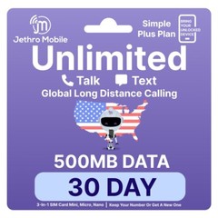 Preloaded Jethro Mobile SIM Card with Prepaid Plan Unlimited 30-Day/1 Mon 500MB