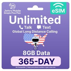 Jethro Mobile eSIM Phone Card Unlimited Talk, Text & 8GB High-Speed Data, 12MO