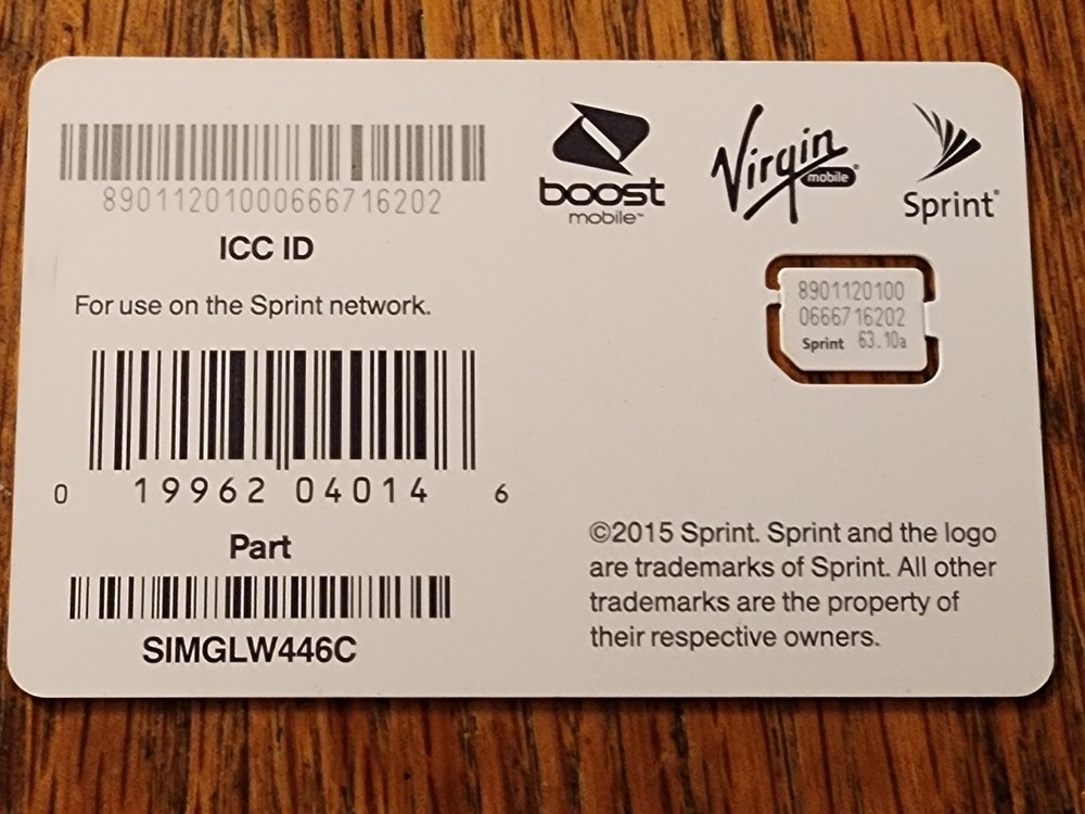 Sprint Sim Card SIMGLW446C Nano-Sim, Brand New and Unused, Boost Virgin Mobile