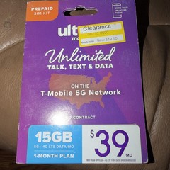 Ultra Mobile 5G/4G Unlimited Talk Text and Data Sim Card 15GB Purple New Sealed
