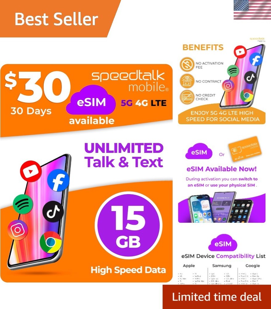 GSM SIM Card – 30 Days Unlimited Talk Text + 15GB 5G Data – Easy Activation