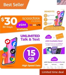 GSM SIM Card – 30 Days Unlimited Talk Text + 15GB 5G Data – Easy Activation