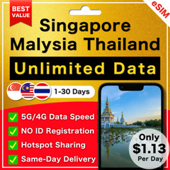 [ eSIM ] Singapore Malaysia Thailand Unlimited Data | 1to30Days | 5G/4G | lot ok