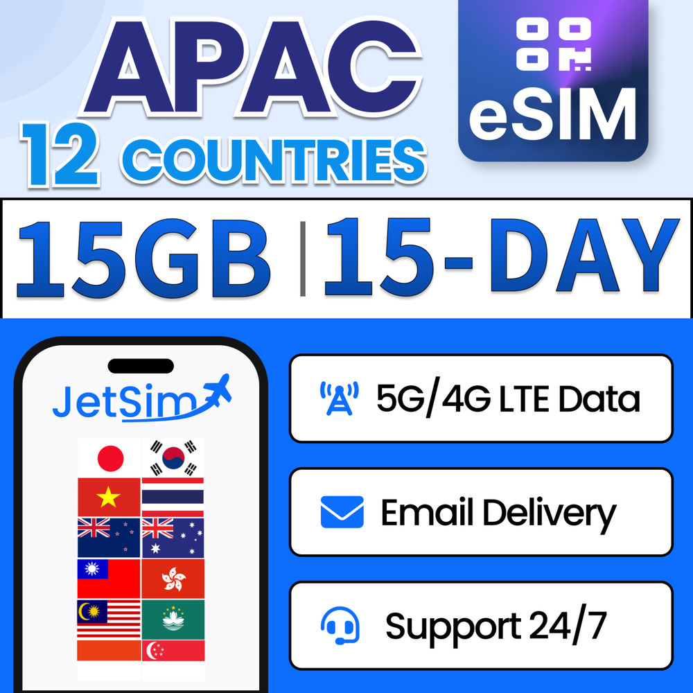 Asia-Pacific 12 Countries eSIM -15GB High-Speed, 15 Day JetSim Travel eSIM