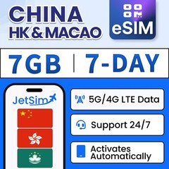 JetSim Travel eSIM for China, Hong Kong, & Macao (7 Days)