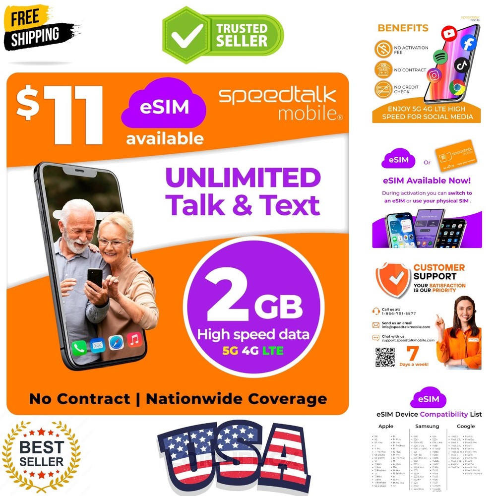 SpeedTalk Prepaid Phone Plan – Unlimited Talk & Text + 2GB – 5G 4G LTE Data –…