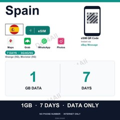 Spain eSIM 1GB 7Day Instant QR 5G Data Only Travel No Plastic SIM