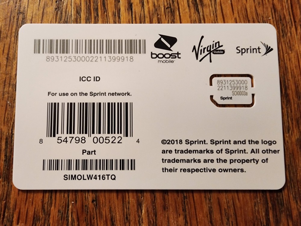 Sprint Sim Card SIMOLW416TQ Nano-Sim, Brand New and Unused, Boost Virgin Mobile