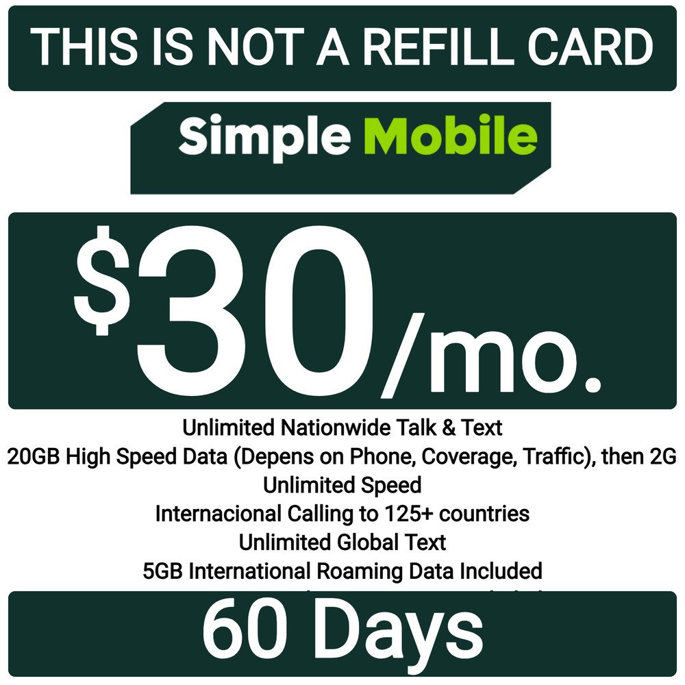 Simple Mobile Prepaid $30 Plan For 60 DAYS Unlt’d Talk/Text/5GB Data ($60 VALUE)