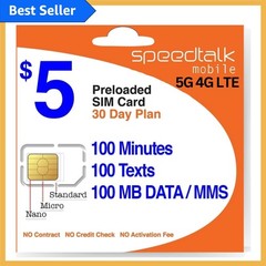 SpeedTalk Mobile 5G Prepaid Pay Go Plan: 100 Minutes, No Contract, SIM Included