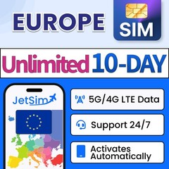 Europe SIM (10 Days), Unlimited High-Speed Data, JetSim Travel 33 EU Countries