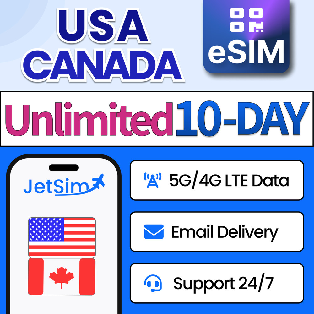 USA and Canada eSIM Unlimited High-Speed, 10 Day JetSim Travel eSIM