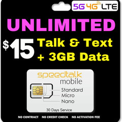 Speedtalk SIM Card Kit- Unlimited Talk & Text, 3GB 4G LTE Data Smart Phone Plan
