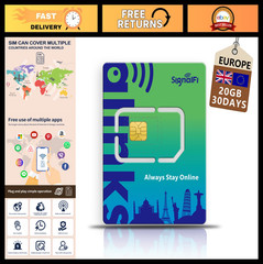 20GB Europe SIM Card, 30 Days Data, Prepaid 4G LTE, No Activation, Travel Ready