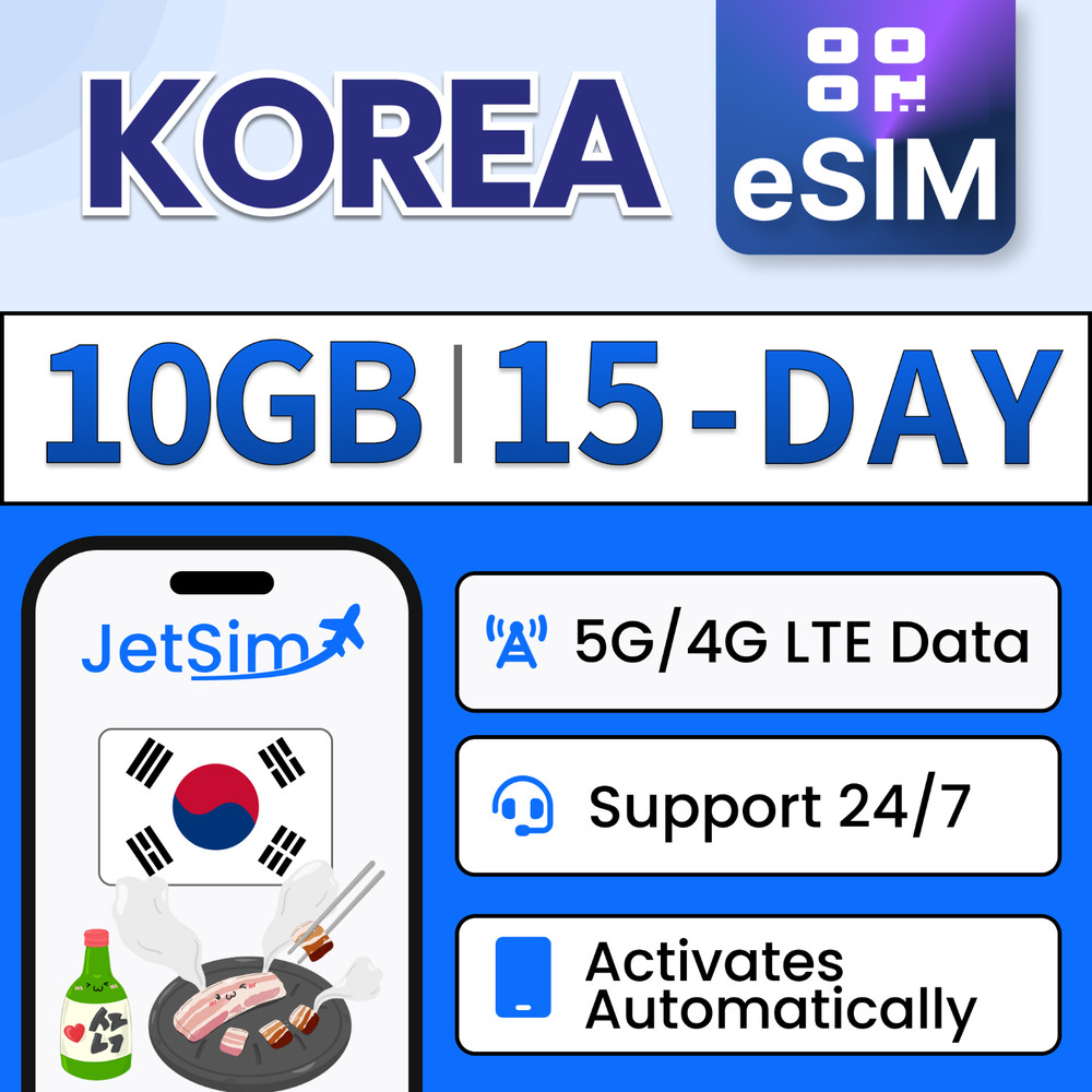 Korea eSIM – 10GB High-Speed, 15 Day JetSim/Travel SIM