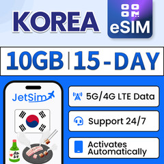 Korea eSIM – 10GB High-Speed, 15 Day JetSim/Travel SIM