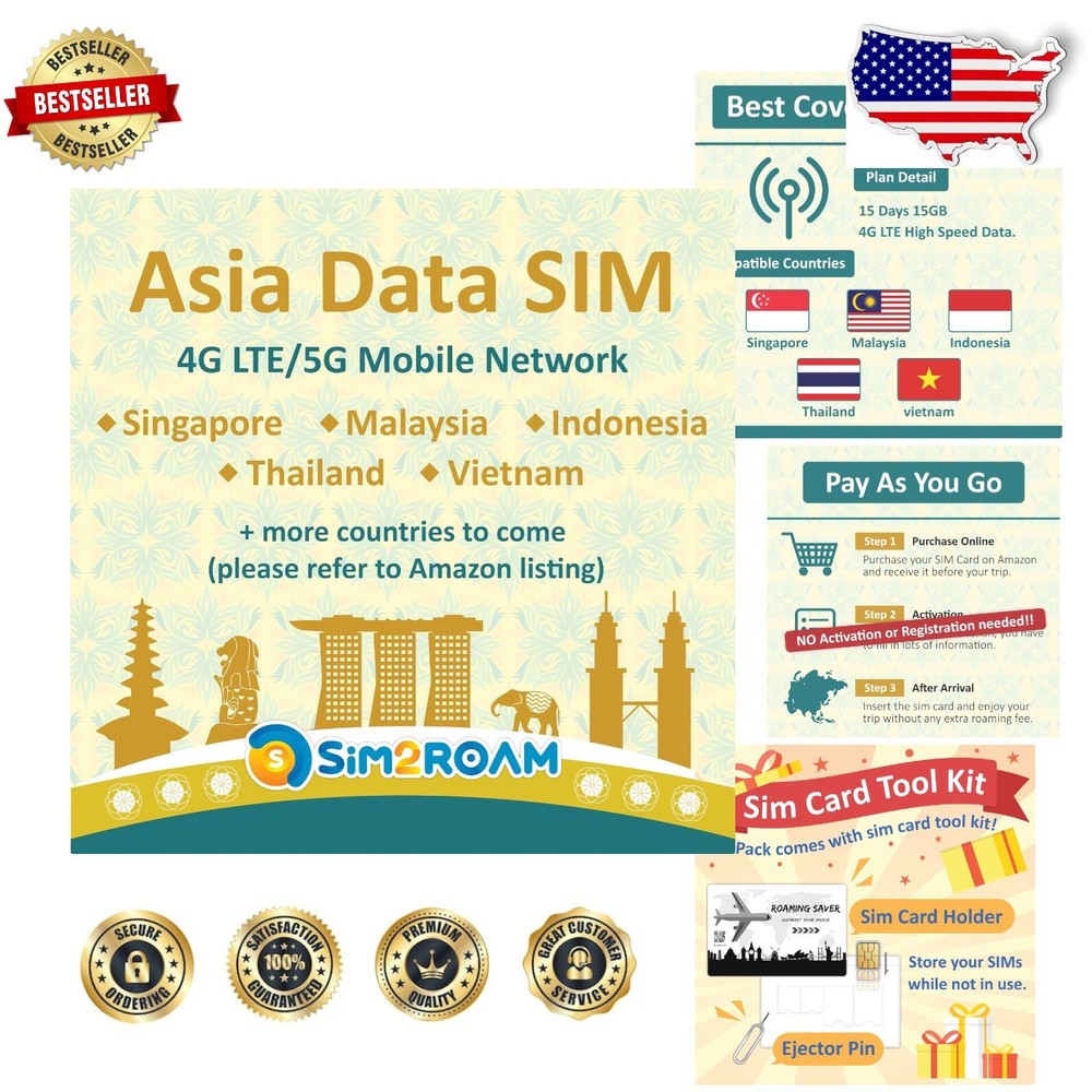 Asia Data SIM: 15 Days 4G LTE High-Speed Internet (IN, MY, SG, TH, KH)