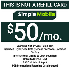 Simple Mobile Prepaid $50 Plan For 30 DAYS Unlt’d Talk/Text/Unlt’d high-speed da